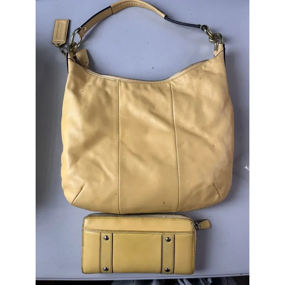 Coach Kristin Yellow Leather Hobo Shoulder Bag Crossbody Purse & Wallet Set